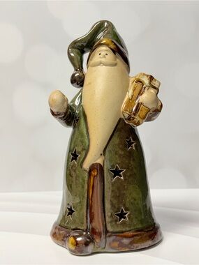 Stoneware Santa Claus Figurine Green Robe Star Cutout Christmas Decor 9”